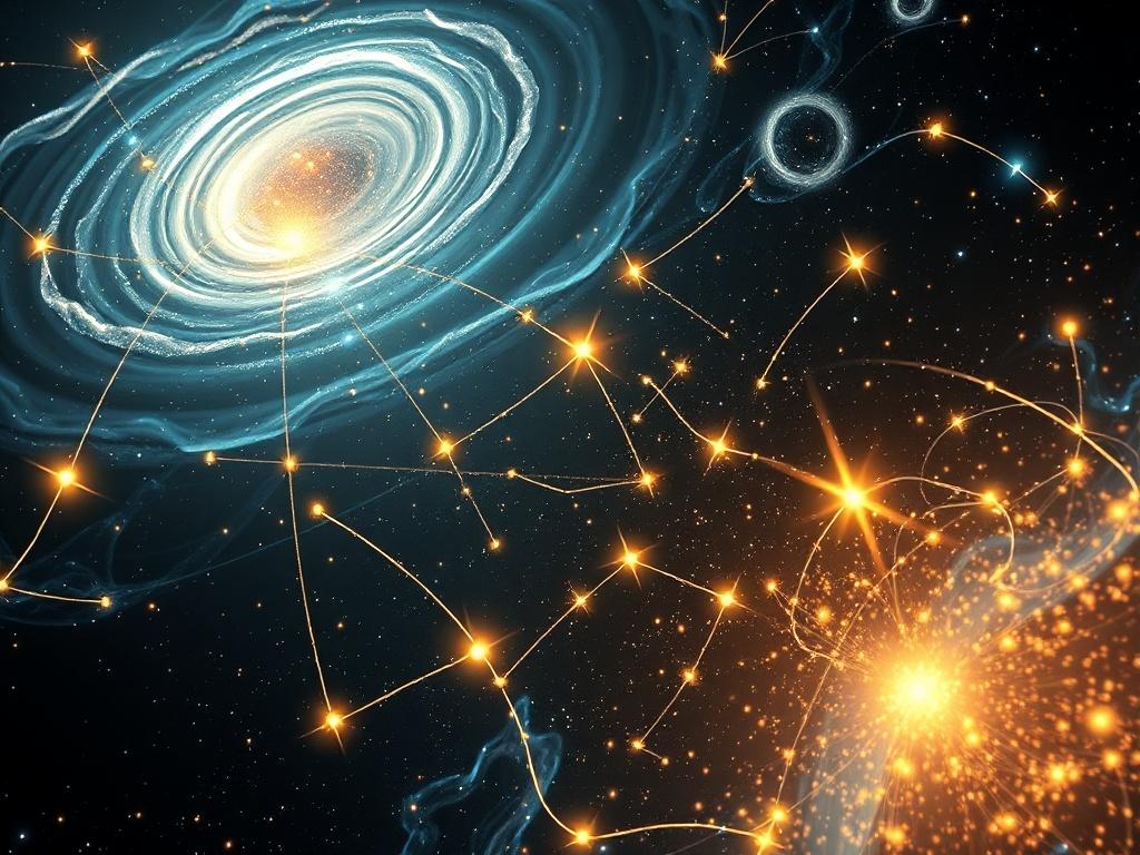 A visually striking interpretation of causality, illustrated through a series of cosmic events interconnected by flowing energy. The image should feature swirling galaxies, pulsating stars, and radiant light beams that connect different celestial elements. The color scheme should include dark blues and blacks contrasted with bright whites and yellows, creating a dynamic and engaging composition. This piece should embody the sleek, futuristic theme while inviting viewers to contemplate the relationships and 