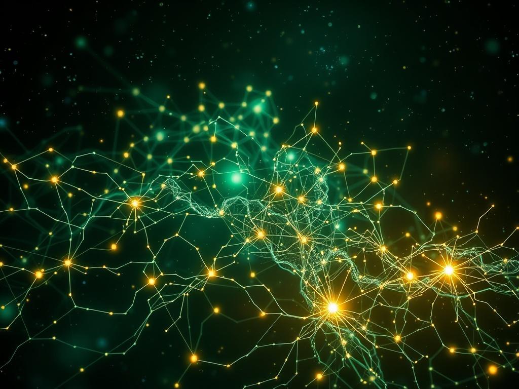 An abstract representation of emergent intelligence, showcasing a glowing neural network against a cosmic backdrop. The image should consist of intricate patterns of light and energy, suggesting the flow of ideas and inspiration. Use a palette of deep greens, blues, and hints of gold to create a sense of depth and sophistication. The design should be clean and streamlined, highlighting the complexity and beauty of intelligence as a structural phenomenon in a cosmic setting.