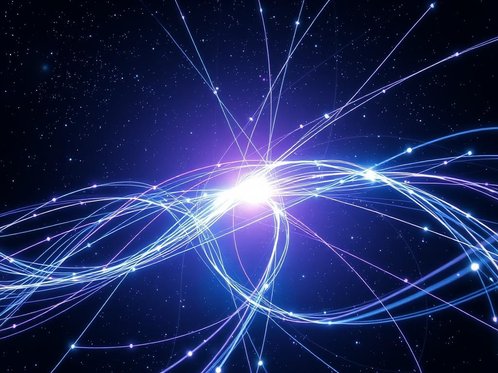 A stunning depiction of cosmic threads intertwining, reflecting the concept of connectivity in a futuristic style. The image should feature luminous strands of light weaving through a dark, starry background, creating a sense of depth and infinity. The colors should be vibrant, merging shades of blue, purple, and silver, symbolizing universal intelligence. The composition should be centered, emphasizing the interconnectedness of celestial bodies, with a sleek and modern aesthetic.