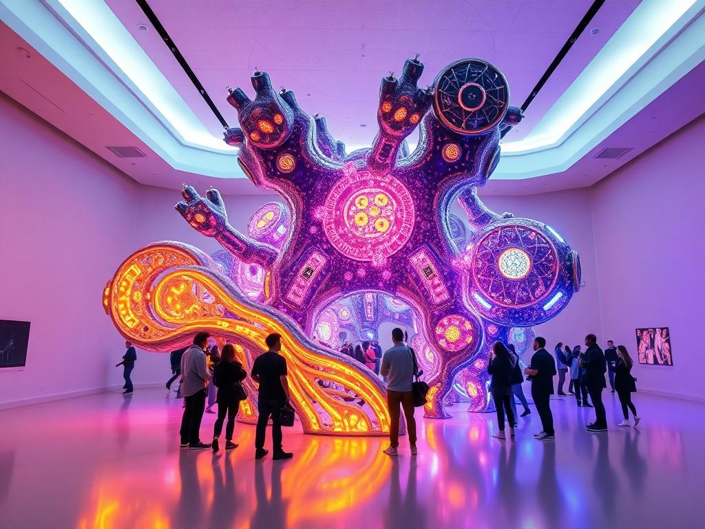 An awe-inspiring art installation in a modern space, featuring futuristic designs that evoke themes of the cosmos and intelligence. The installation is illuminated with dynamic lighting that changes color, creating an interactive experience for viewers. The background is minimalistic, allowing the art to be the focal point, with viewers admiring the intricate details and reflecting on its meaning.