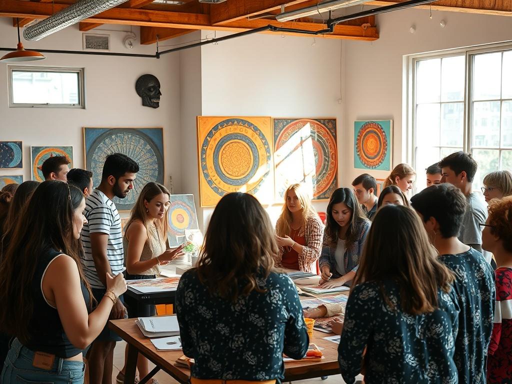 A vibrant workshop setting with diverse participants engaged in discussions and creative activities. The space is filled with cosmic-themed art pieces, and there are materials for hands-on activities. Natural light streams through large windows, creating a warm and inviting environment. The participants display expressions of curiosity and engagement, surrounded by a backdrop of inspiring artwork.