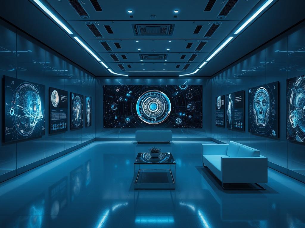 A sleek, futuristic gallery space illuminated by soft, ambient lighting, showcasing cosmic-themed artwork. The walls are adorned with visually striking pieces that reflect themes of connectivity and intelligence, with minimalist furniture that complements the art. The overall atmosphere is calm and inviting, encouraging contemplation. The color palette features deep blues and silvers, reminiscent of the cosmos.