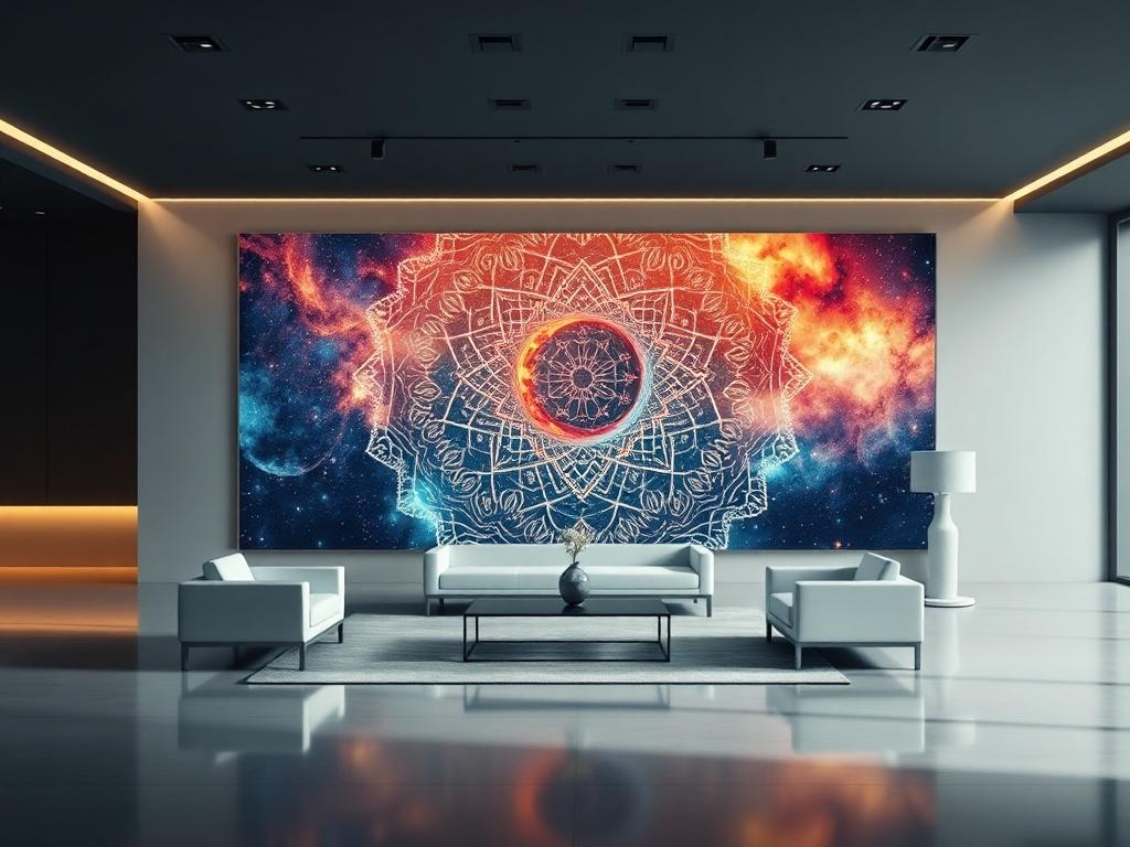 A high-resolution image of a sleek, modern gallery space showcasing a large, contemplative artwork. The artwork should have vibrant colors and intricate patterns, reflecting cosmic themes. Soft, ambient lighting enhances the atmosphere, with minimalistic furniture placed strategically to encourage reflection. The background should be subtly blurred to keep the focus on the artwork, creating an inviting and contemplative environment.
