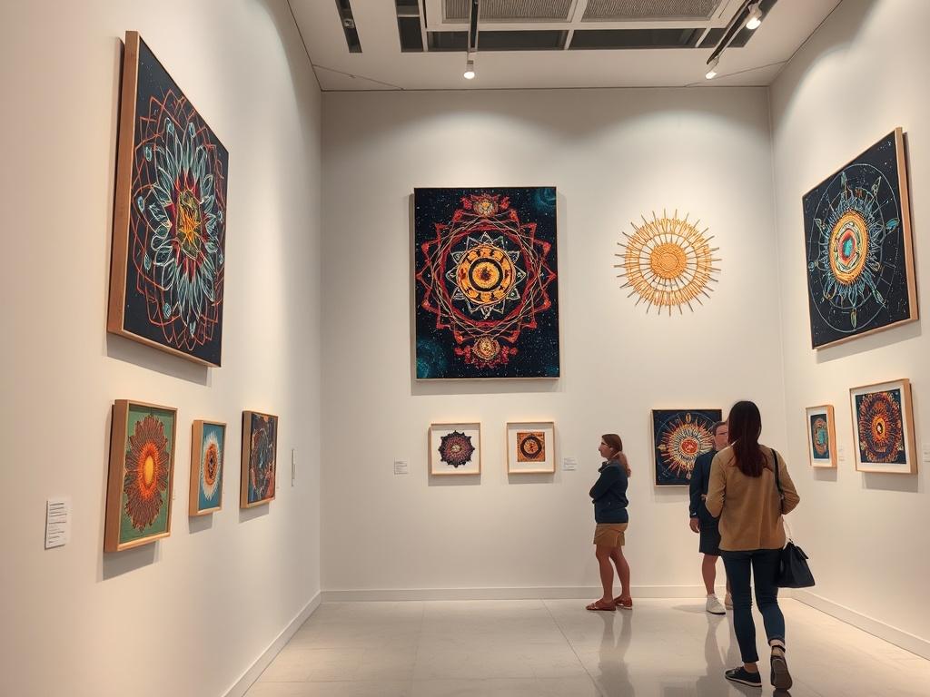A high-resolution image of a gallery wall adorned with cosmic-themed artwork. The pieces feature vibrant colors and intricate designs, symbolizing connectivity and intelligence. Soft lighting highlights the artwork, and the gallery has a sleek, modern design with minimalist decor. A few visitors can be seen admiring the pieces, creating a serene and contemplative atmosphere that encourages exploration.
