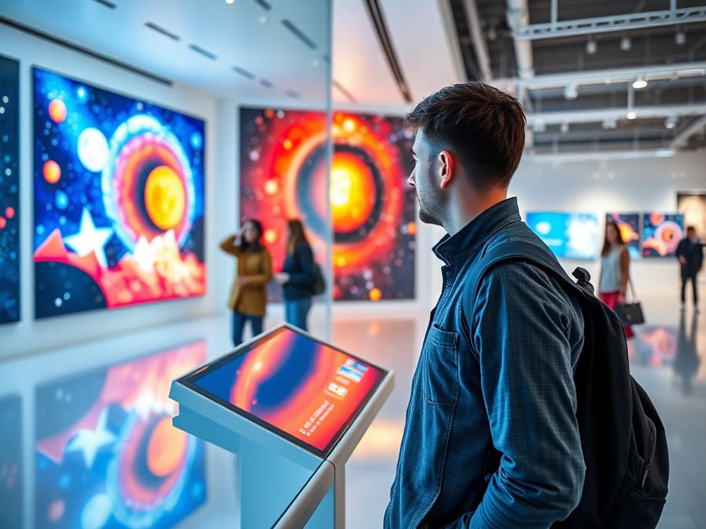 A realistic high-resolution image depicting a visitor interacting with a digital display in a modern gallery. The display showcases cosmic-themed artwork with vibrant colors and engaging animations. The gallery is bright and spacious, with sleek design elements and a futuristic aesthetic. The visitor, a thoughtful individual, is seen touching the display screen, engrossed in the experience, surrounded by the artwork that invites further contemplation.