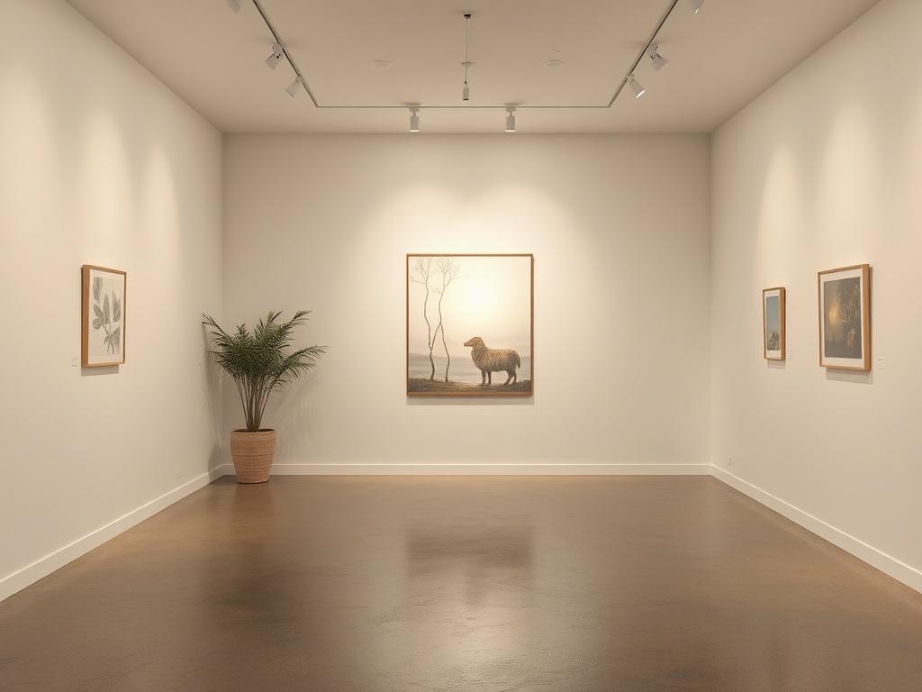 A serene gallery space featuring a single, contemplative artwork installation