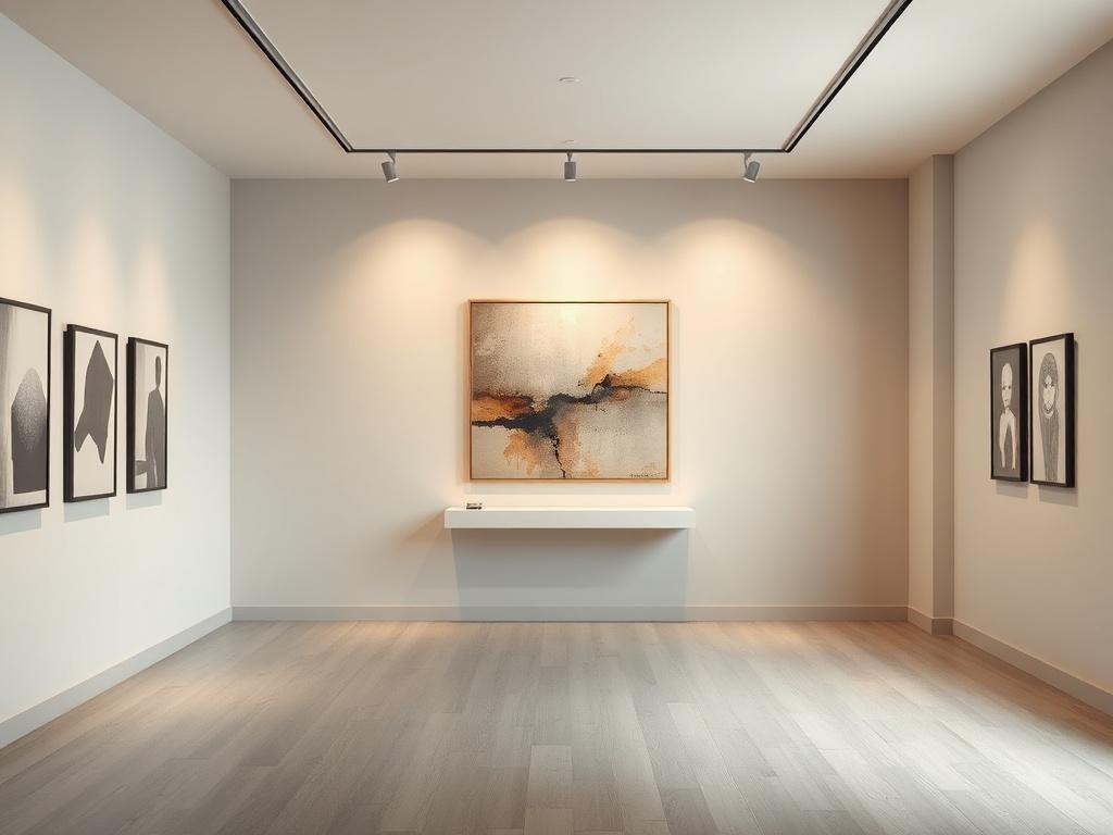 A serene gallery space with a contemplative artwork displayed prominently
