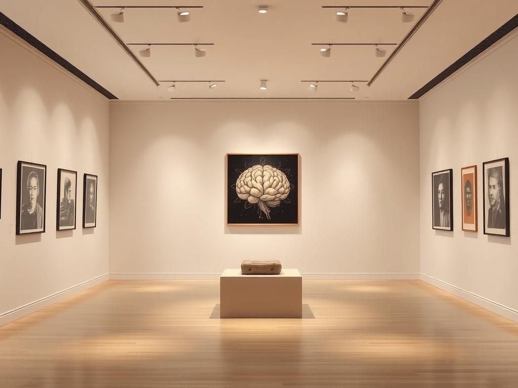 Create a high resolution image of a serene art gallery
