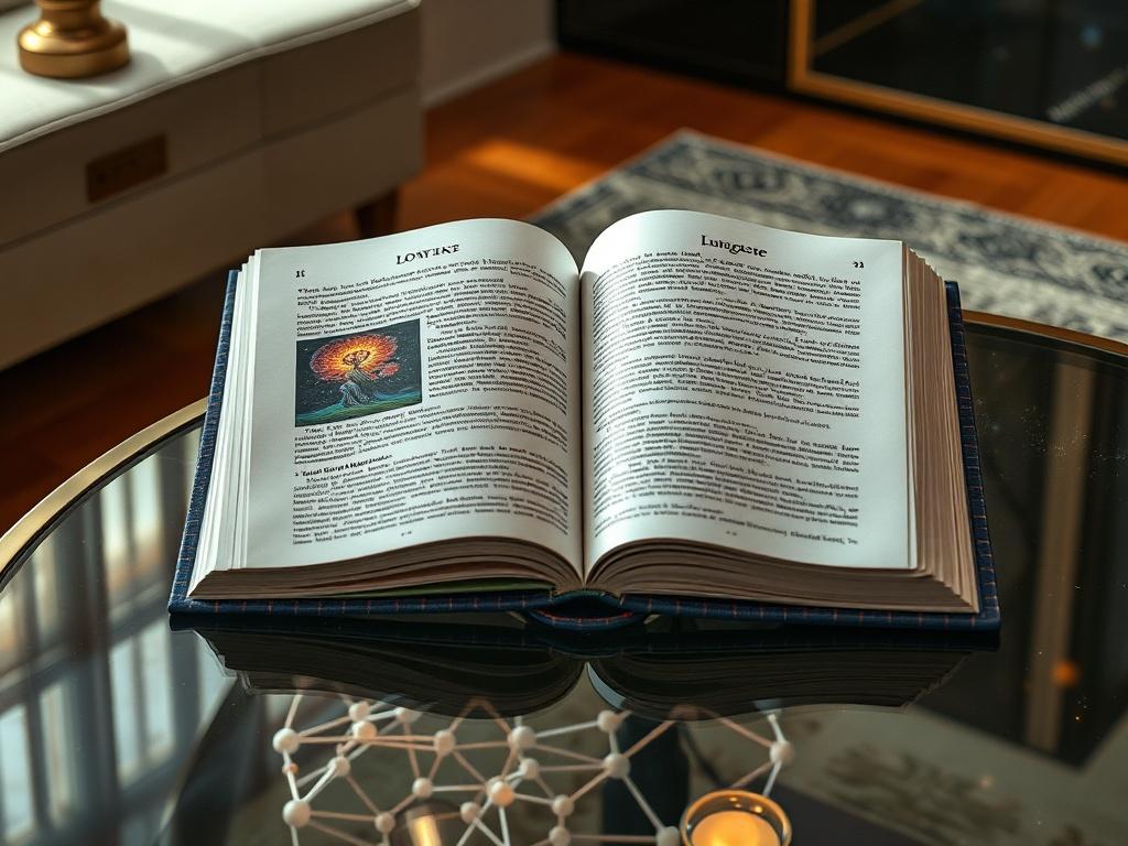 A high-resolution image of the Emergent Intelligence Art Book, elegantly displayed open on a stylish coffee table. The book should show pages filled with vibrant artwork and insightful text. The setting should be cozy and inviting, with soft lighting that enhances the book's colors, surrounded by subtle cosmic motifs.