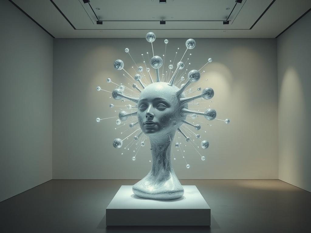 A realistic high-resolution image of an Interactive Intelligence Sculpture, showcasing dynamic and changing elements. The sculpture should be set in a minimalist gallery space with subtle lighting that highlights its features. The background should be neutral to emphasize the sculpture's cosmic motifs and design.