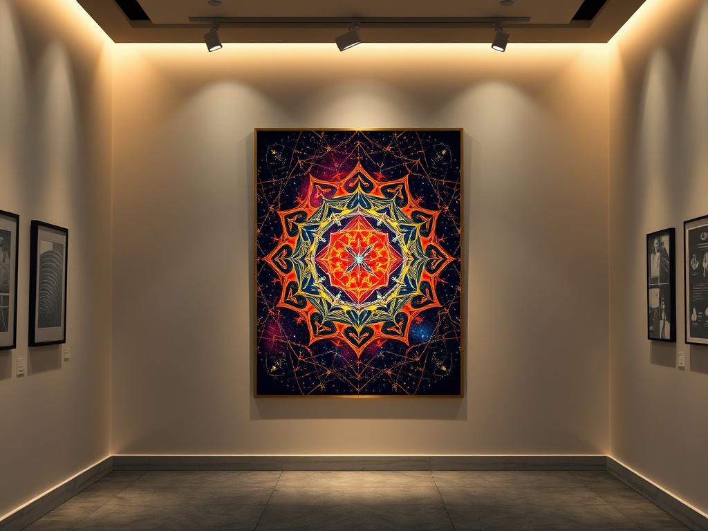 A high-resolution image of a Cosmic Intelligence Poster, featuring vibrant colors and intricate designs symbolizing the cosmos and intelligent systems. The poster should be displayed in a stylish, neutral gallery space with soft lighting to enhance its colors and details, creating an inviting atmosphere for reflection.