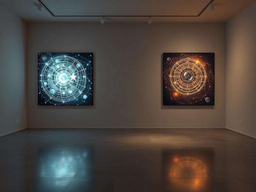 A high-resolution photo of a contemplative artwork installation in a neutral gallery space, featuring abstract representations of connectivity and intelligence. The artwork should have intricate details and a cosmic theme, glowing softly under optimized lighting. The background should be minimalistic to keep the focus on the artwork, evoking a sense of reflection and depth. The color palette should lean towards earthy tones with hints of cosmic colors, harmonizing with rgb(193, 153, 87).