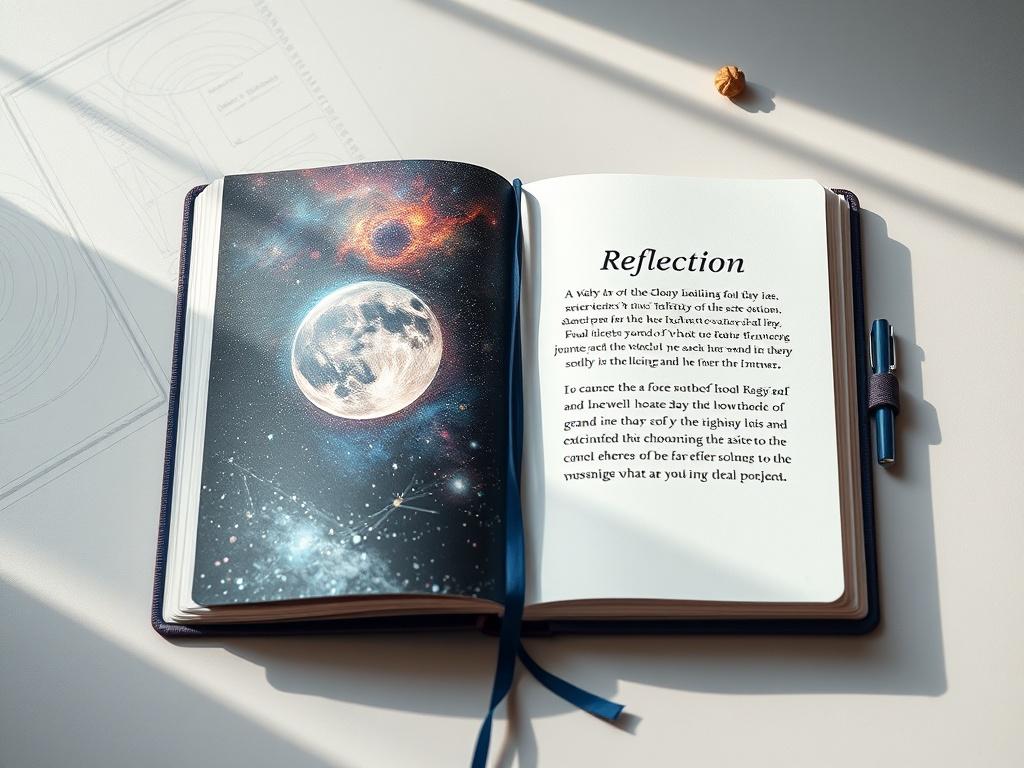 A high-resolution image of a beautifully designed journal, featuring cosmic-themed artwork on the cover. The journal should be open to a page showing a reflection prompt, placed on a neutral surface with soft lighting to create an inviting atmosphere. Subtle cosmic elements should be integrated into the background to complement the theme.
