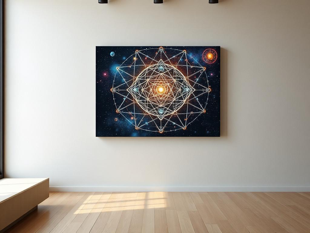 A high-resolution image of a cosmic-themed canvas artwork, featuring intricate patterns and structures representing intelligence and connectivity. The canvas should be displayed on a neutral wall in a well-lit gallery space, emphasizing the colors and details of the artwork. The setting should be calm and inviting, with subtle cosmic elements in the background to enhance the theme.