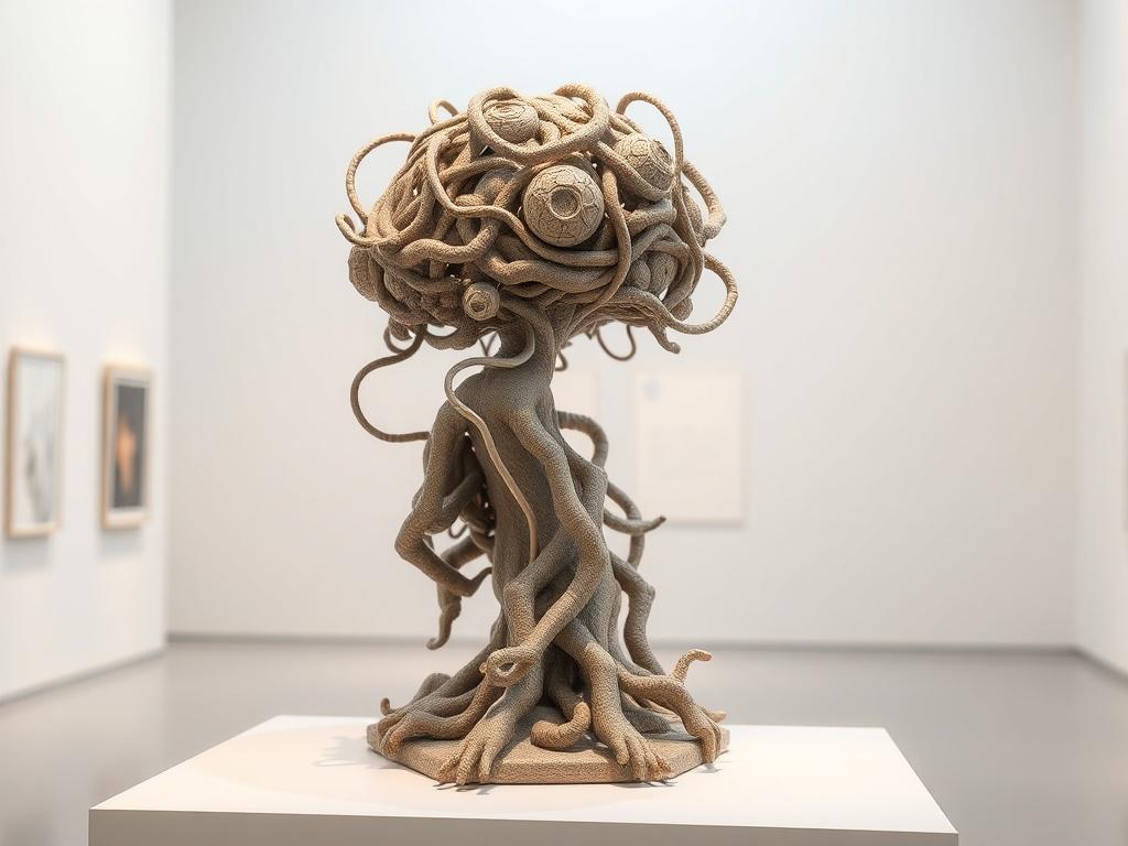 A realistic high-resolution image of a sculpture representing emergent intelligence, featuring intricate designs and interconnected elements. The sculpture should be displayed in a neutral gallery space with optimal lighting to highlight its details and textures. The background should be softly blurred to maintain focus on the sculpture while enhancing its cosmic theme.