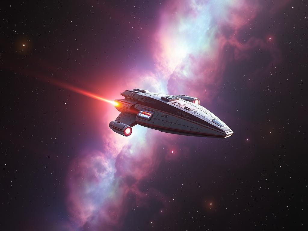 A realistic high-resolution photo of a digitally rendered starship soaring through a vibrant cosmic landscape, showcasing bright colors of nebulas and distant stars. The starship should be the focal point, illuminated by soft lighting, giving it a majestic and inspiring appearance. The background should feature a blend of soft tones, creating a peaceful yet awe-inspiring atmosphere, compatible with the color rgb(50, 170, 39).