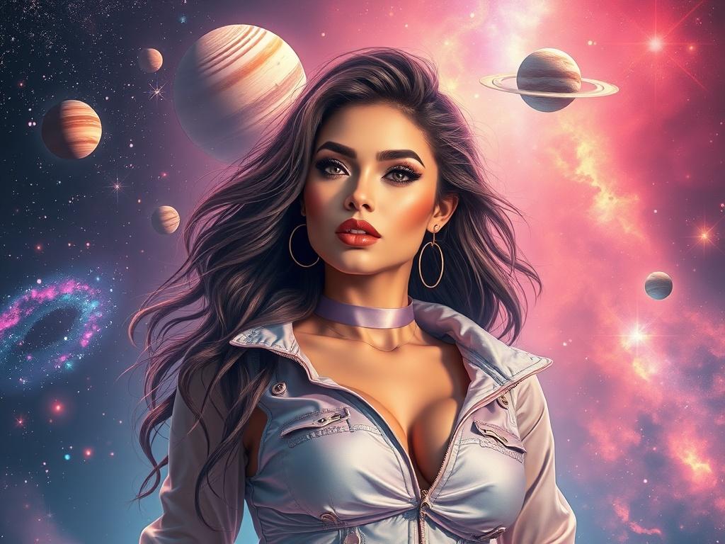 A stunning NFT artwork featuring a glamorous model in a space-themed outfit, surrounded by vibrant cosmic elements like stars, planets, and colorful nebulae, all rendered in soft tones and gentle lighting. The model should exude confidence and allure, with a playful expression, capturing the essence of beauty in a cosmic setting.
