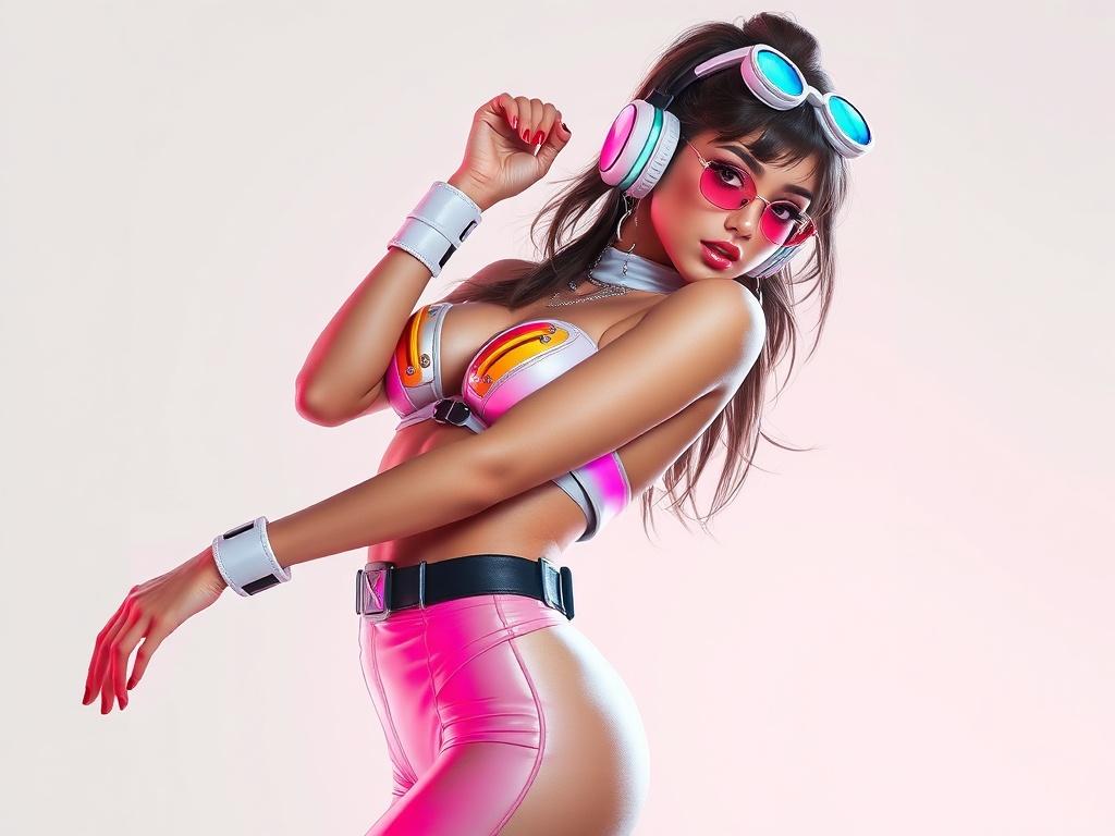 A stunning, realistic high-resolution image of a beautiful woman in a playful, sexy pose inspired by the RocketBabesNFT style. She should be wearing a stylish, futuristic outfit with vibrant colors and accessories that reflect a modern, digital aesthetic. The background should be simple and elegant, allowing her to be the main focus, with soft lighting that enhances her features and the details of her outfit.