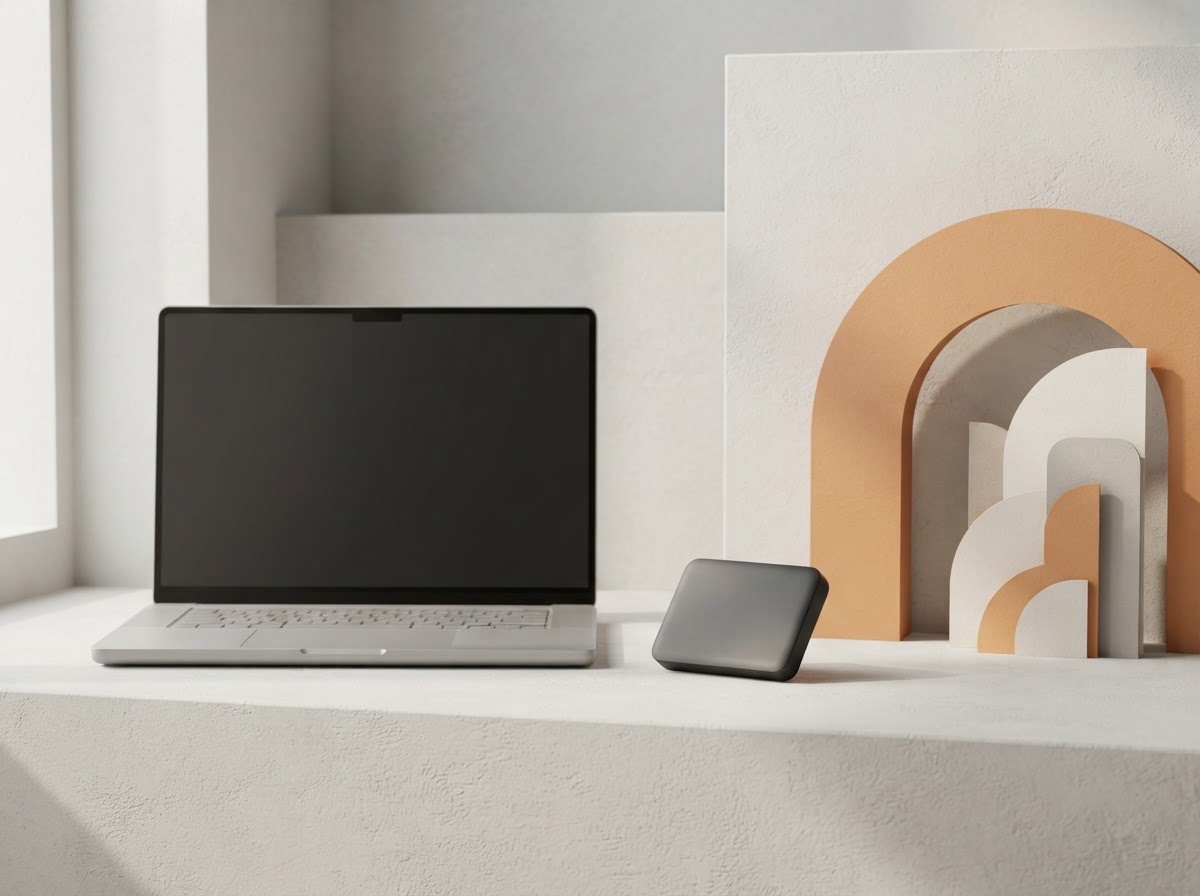 Editorial illustration of a laptop and hardware wallet arranged in a quiet desktop workspace