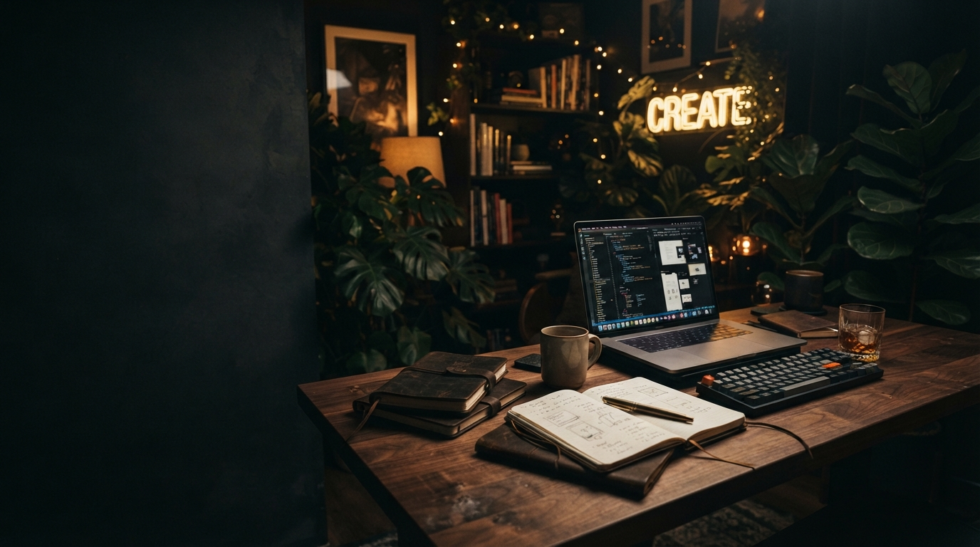 A moody creator's workspace lit by golden neon among deep green plants