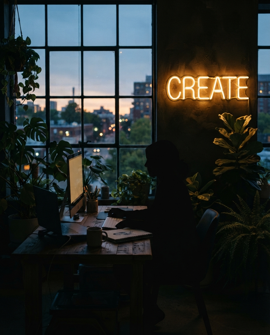 Silhouette of the creator working at a desk bathed in golden light among deep green plants