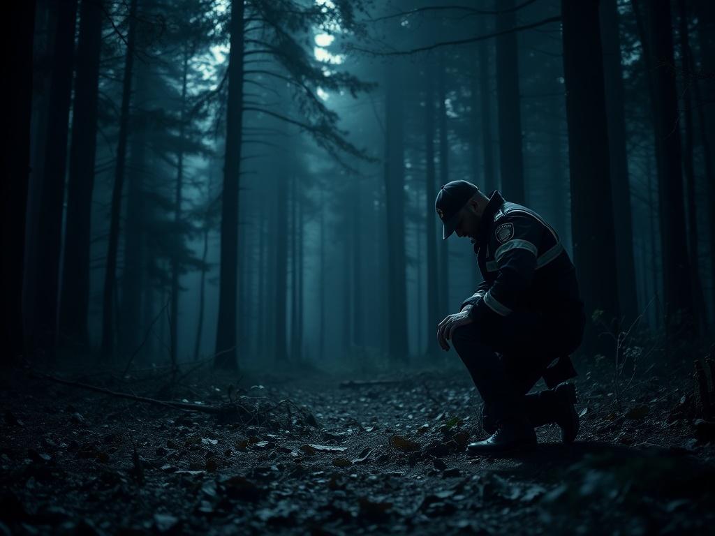 Create a realistic high-resolution photo of a dark and atmospheric Swedish forest scene, depicting a solitary police officer at a crime scene. The officer, dressed in a dark blue police uniform with reflective strips, should be kneeling down, examining evidence on the forest floor, which is covered in fallen leaves and twigs. Utilize dramatic lighting to cast intense shadows across the scene, emphasizing the sense of mystery and tension.

In the background, introduce towering, dense trees with a thick canop