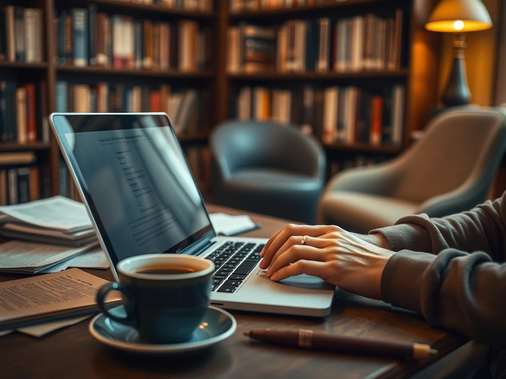 A close-up shot of a writer's hands typing on a laptop, surrounded by scattered papers and a steaming cup of coffee. The background is softly blurred, focusing on the writer's engaged expression as they edit their manuscript. The setting reflects a cozy, creative atmosphere with warm lighting, featuring bookshelves filled with literary works, emphasizing the editing process.