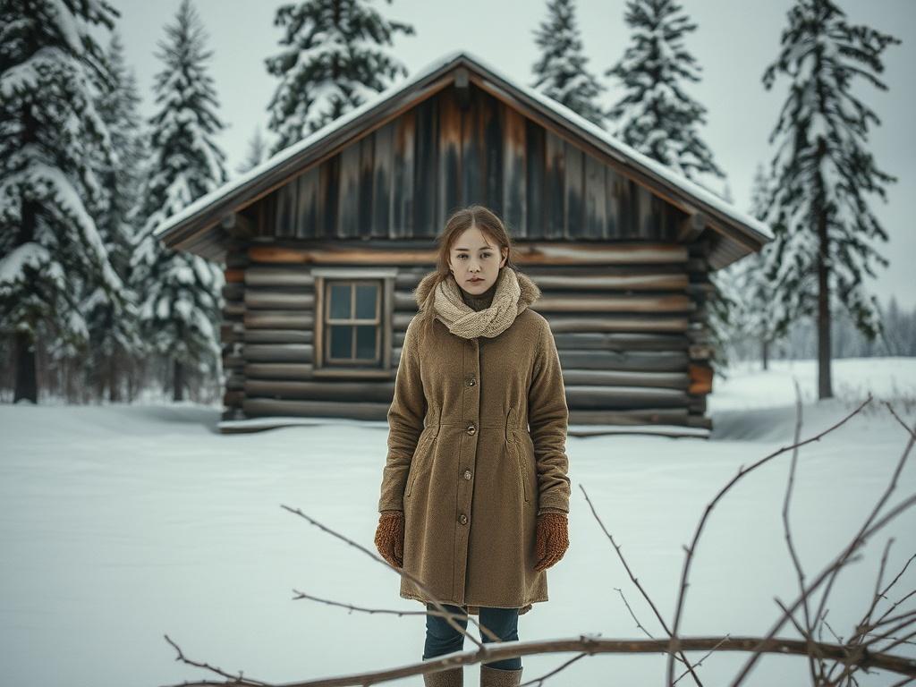 **AI Image Generation Prompt:**

Create a high-resolution, realistic photograph that captures the essence of the blog titled "Violence Happens Off the Page." The composition should be simple and clear, featuring a solitary figure in a Nordic setting. The subject is a woman standing in front of a weathered wooden cabin surrounded by a serene winter landscape. She is dressed in warm, muted clothing, her expression thoughtful and introspective, suggesting a deep contemplation of the events that have transpired