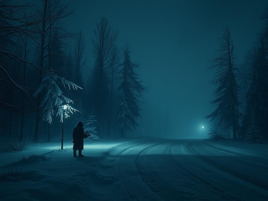 A hauntingly beautiful Scandinavian winter landscape, featuring a solitary figure