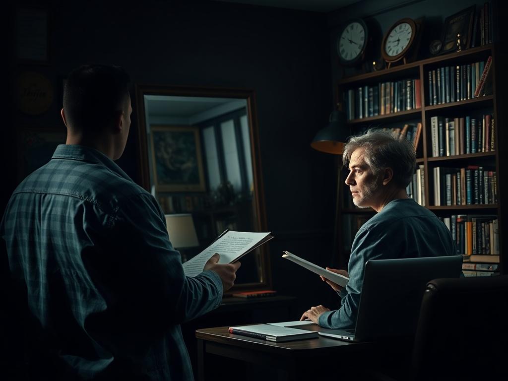 A focused author practicing their pitch in front of a