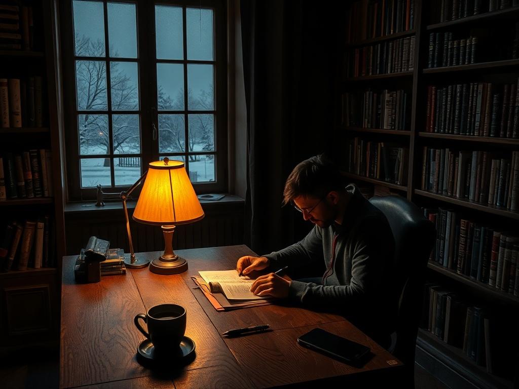 A solitary writer sitting at a wooden desk in a