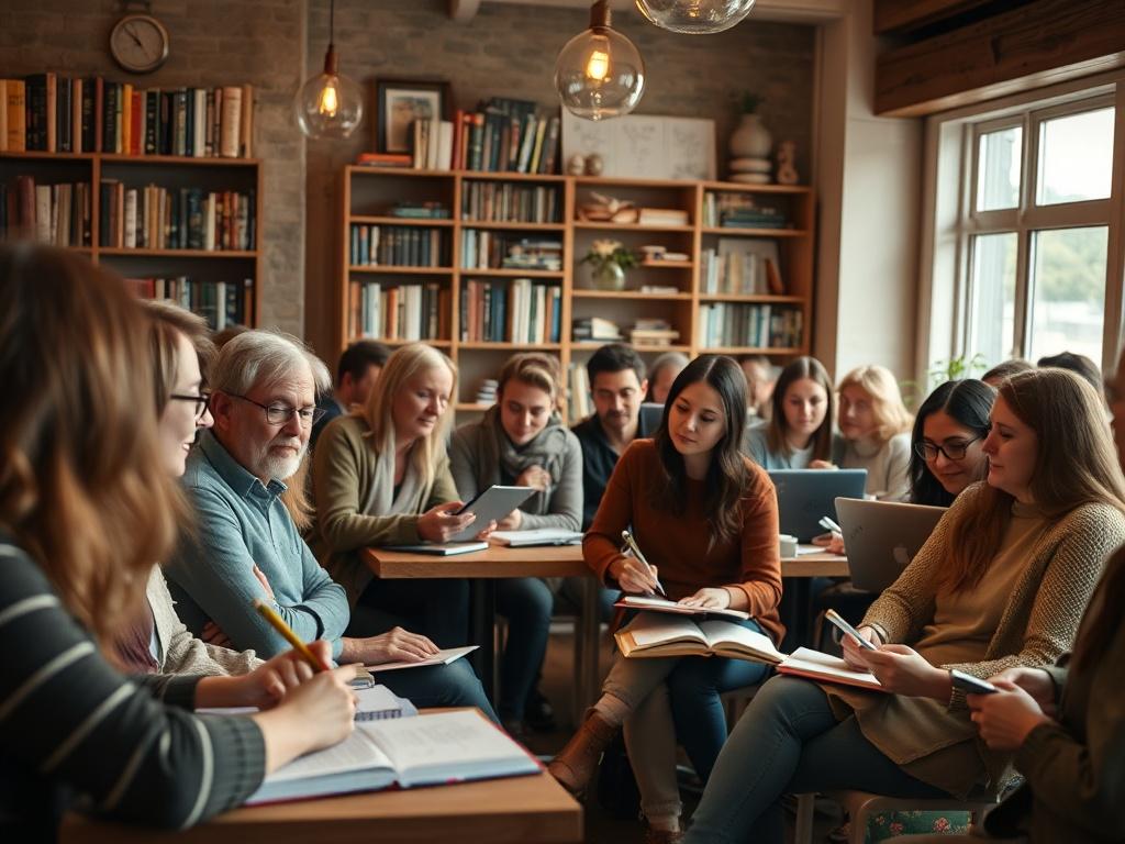 A close-up shot of a diverse group of about 25 writers sitting in a cozy workshop setting in Stockholm, Sweden. The writers are engaged in an animated discussion about their writing, with notebooks and laptops open in front of them. The background features warm lighting, wooden tables, and bookshelves filled with literature. The atmosphere is collaborative and inspiring, capturing the essence of creativity and interaction among budding authors.