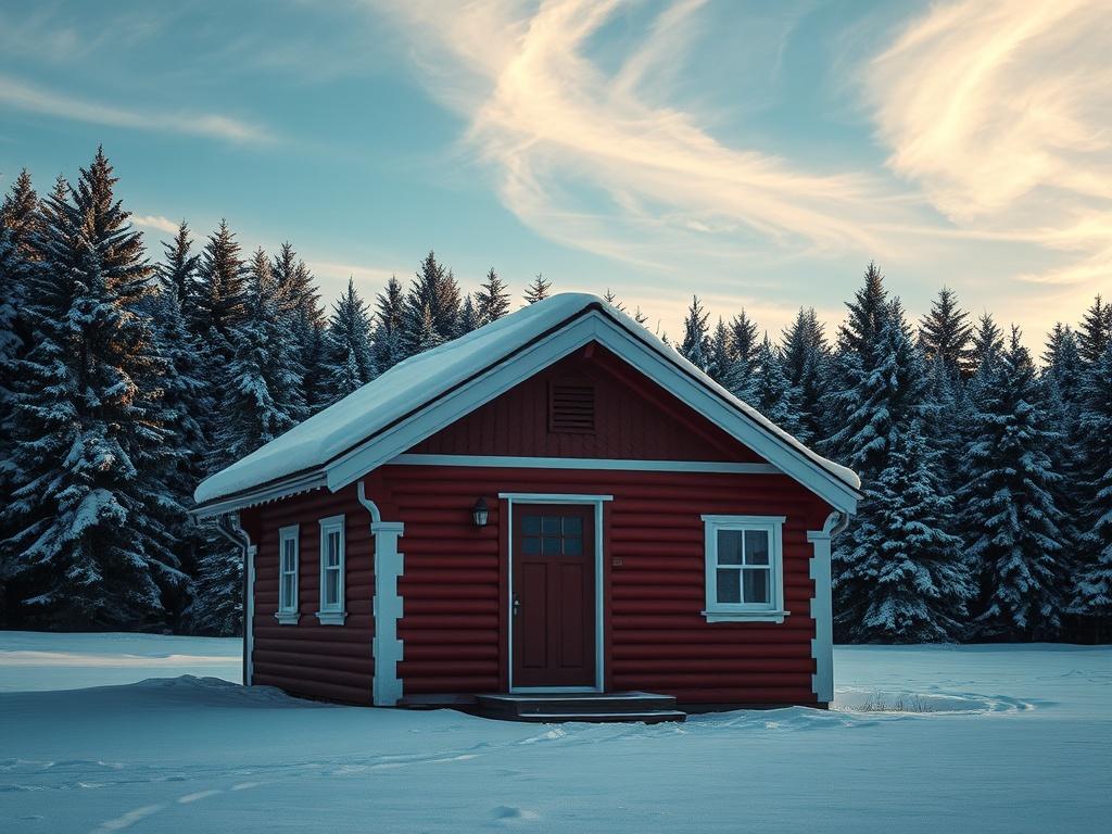 Create a realistic high-resolution image that embodies the essence of Scandinavian culture. The composition should focus on a solitary subject: a traditional Scandinavian wooden house, known as a "stuga," nestled in a snowy landscape. The house is painted in vibrant red with white trim, showcasing classic architectural details like a steep roof and intricate carvings. 

Surround the stuga with an untouched blanket of snow, glistening in the soft winter sunlight, creating a sense of tranquility. In the backg