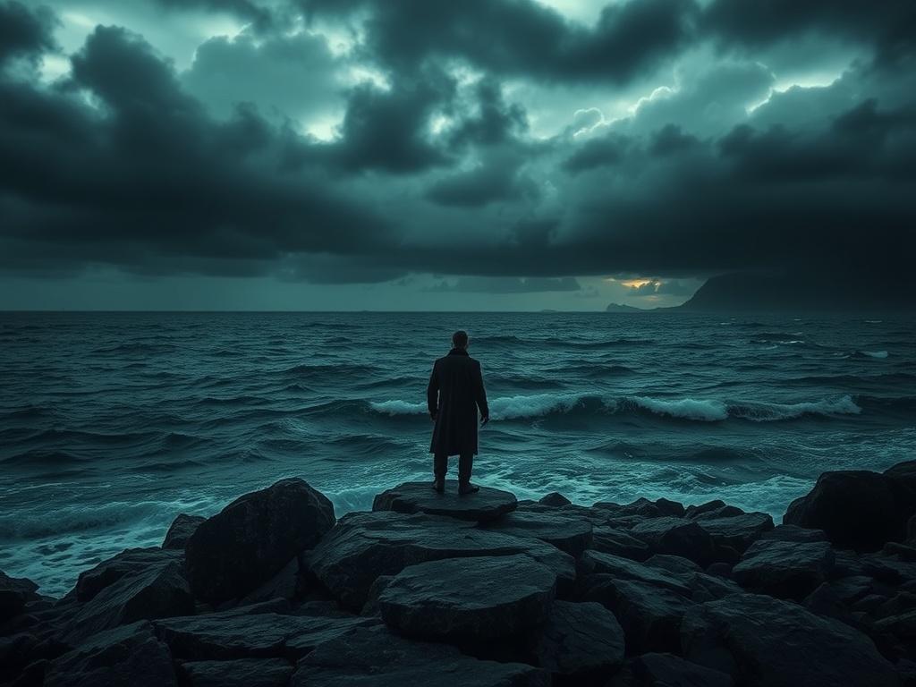 A realistic high-resolution photo of a solitary figure standing on a rocky coastline during a dark, moody twilight. The figure is looking out towards a stormy sea, with deep shadows and dramatic lighting highlighting the contours of the landscape. The atmosphere is intense, capturing the essence of Nordic mystery and intrigue, with dark clouds looming overhead and the ocean waves crashing against the rocks.