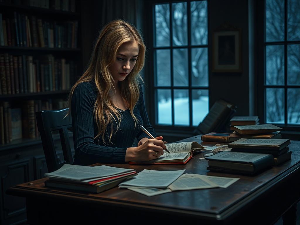 A younger blonde Scandinavian woman, embodying the essence of a Scandinavian Noir author, is seated at a vintage wooden desk covered in papers and books. She is intently writing in a notebook, with a focused expression, her long hair cascading down her shoulders. The room is dimly lit, with dramatic shadows and rich contrasts that evoke a moody atmosphere, reflective of dark Scandinavian winters. The background features shelves filled with classic literature and a window showing a hint of a snowy landscape 