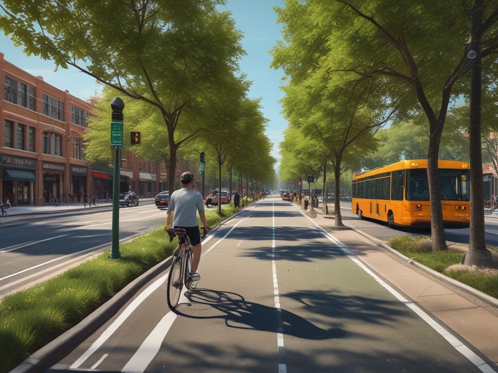 A vibrant city street scene featuring a cyclist riding a
