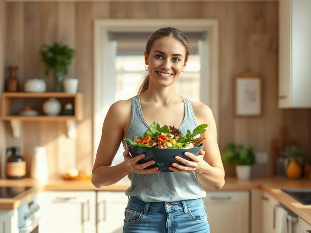 **Prompt for AI Image Generator:**

Create a realistic high-resolution photograph that embodies the theme of "Science-Backed Weight Loss Strategies." The focal point of the image should be a fit and healthy individual, preferably a woman in her 30s, standing confidently while holding a fresh, colorful salad bowl filled with a mixture of greens, vibrant vegetables, and a sprinkle of nuts. She should have a pleasant smile, conveying positivity and motivation towards a healthy lifestyle.

The background should