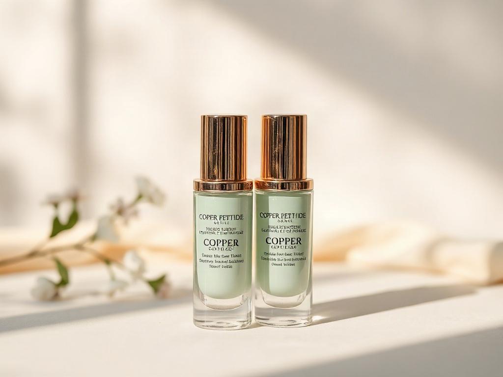 A high-resolution image of the Copper Peptide Duo skincare product, featuring two elegant bottles with a sleek design. The bottles should be placed on a soft, neutral-toned surface, with gentle natural lighting highlighting their features. The background should be softly blurred, creating a serene and peaceful atmosphere that emphasizes the product's focus on rejuvenation and vitality.