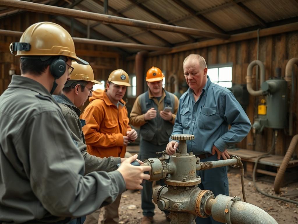 A realistic high-resolution image of a group of trainees engaged in practical well control training. The scene should capture the trainees actively working on equipment in a natural-toned training facility. Emphasis on the instructor guiding them. The environment should reflect earthy textures and a rustic aesthetic.