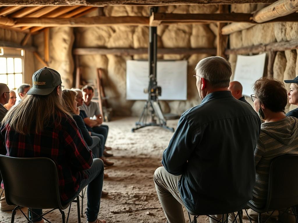 A high-resolution image depicting a workshop setting where participants are engaged in discussions about drilling safety. The focus should be on a group of attendees listening to an expert, with a natural-toned environment that includes earthy textures, creating a warm and engaging atmosphere.