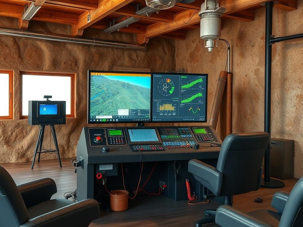 A high-resolution image of a well control simulator in an oil drilling training environment. The simulator should be the focus, showcasing its realistic interface and controls. The background should be a natural-toned training room with earthy textures, emphasizing a grounded and rustic aesthetic.