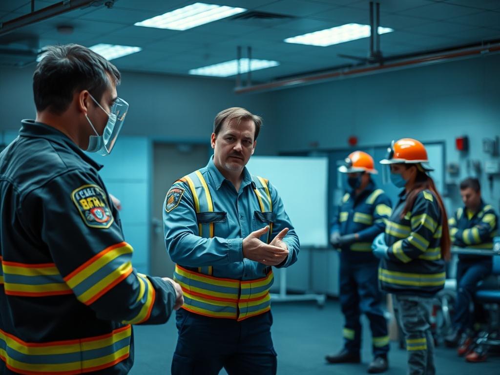 A high-resolution image of a professional instructor demonstrating emergency response techniques in a training environment, showcasing participants engaged in a hands-on simulation. The setting should have cool-toned colors with shades of rich blues and soft grays, emphasizing realism and professionalism. The background should be a well-equipped training room with safety equipment visible, creating an atmosphere of focus and urgency.
