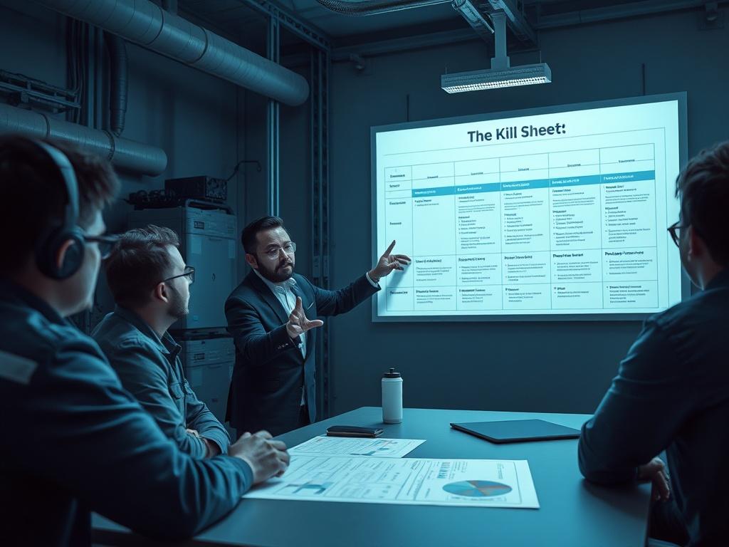 Um ambiente de treinamento de segurança em perfuração, mostrando um instrutor demonstrando o uso de uma planilha interativa de Kill Sheet. O instrutor deve ser uma pessoa concentrada e confiante, utilizando um projetor para ilustrar a planilha enquanto os alunos assistem atentamente. O fundo deve ser em tons frios, predominantemente azuis e cinzas suaves, com equipamentos de perfuração visíveis e uma atmosfera profissional. A iluminação deve ser suave e convidativa, refletindo um ambiente de aprendizado seg