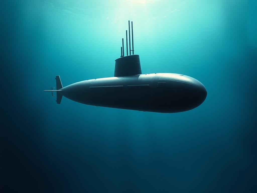 Create a realistic high-resolution image of a submarine diving into the ocean. The submarine should be the focal point, showcasing its sleek design and intricate details. The background should depict deep blue ocean waters, with soft gray tones representing the underwater environment. The light should filter through the water, casting gentle reflections on the submarine's surface. The overall atmosphere should convey a sense of depth and exploration.