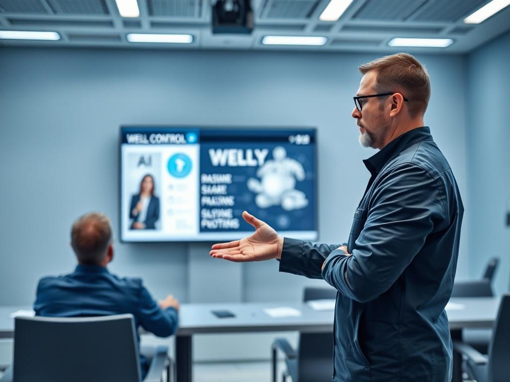 A high-resolution photo of a professional trainer conducting a Well Control course in a modern training facility. The trainer is demonstrating the use of an AI assistant named WELLY, which is displayed on a large screen in the background. The environment is well-lit, showcasing a sleek design with shades of rich blues and soft grays. The focus is on the interaction between the trainer and the technology, highlighting the importance of innovation in safety drilling.