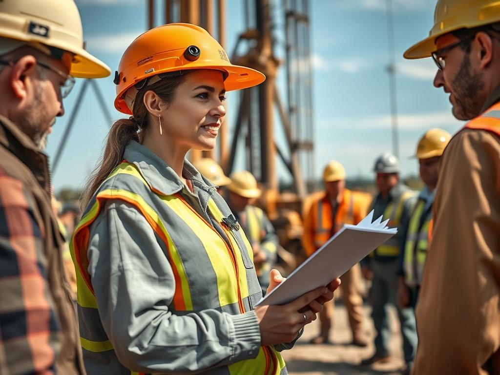 A realistic high-resolution photo of a drilling operation in a natural setting, showcasing a diverse group of workers engaged in a safety briefing. The focus should be on one worker, a woman wearing safety gear, actively participating and taking notes. The background should feature drilling equipment and a clear sky, capturing the essence of teamwork and safety in drilling operations. The color palette should align with earthy tones, emphasizing a grounded and rustic aesthetic.