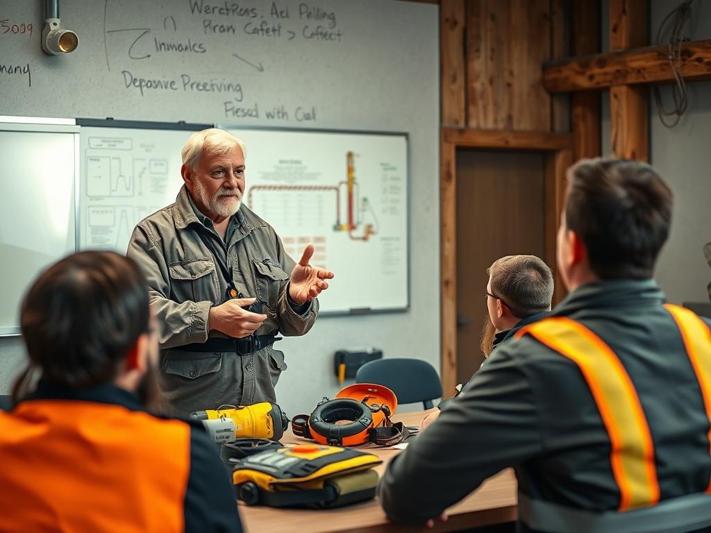 A realistic and high-resolution photo of a trainer conducting a safety operational training session. The trainer, a middle-aged man with a confident demeanor, is demonstrating safety equipment in a well-lit training room. The background includes a whiteboard with diagrams on drilling safety, and a group of attentive trainees seated at a table with safety gear in front of them. The overall atmosphere conveys professionalism and focus on safety, with earthy tones and natural textures to create a grounded aest