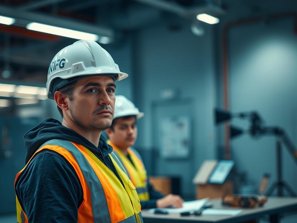 A realistic high-resolution photo featuring a focused individual in a safety helmet and reflective vest, engaged in a training session about Human Factors in operational safety. The background should showcase a modern training facility with cool-toned lighting, shades of rich blues and soft grays to create a calm and professional atmosphere. The composition should highlight the individual as the main subject, with training materials and equipment subtly included in the background.