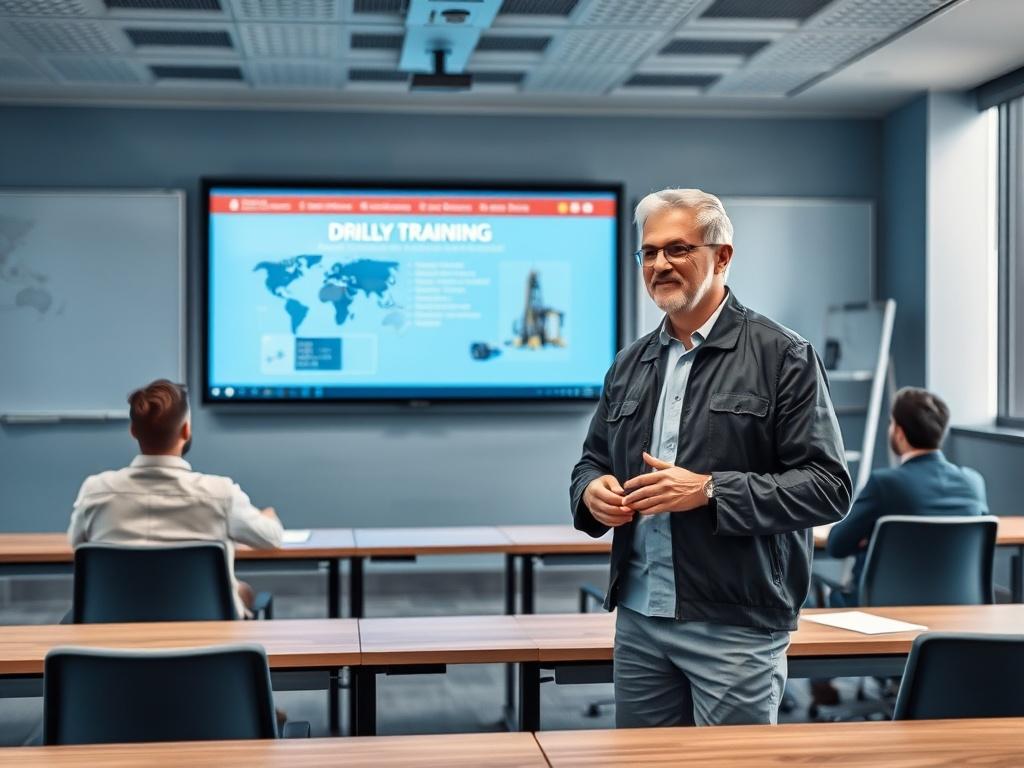 A high-resolution image of a professional trainer standing in front of a modern classroom, presenting safety training materials related to drilling operations. The trainer is engaged and enthusiastic, showcasing a well-organized training setup. The background features a digital screen displaying interactive training content, with a cool-toned environment featuring shades of rich blues and soft grays. The composition is simple and clear, focusing on the trainer as the main subject.