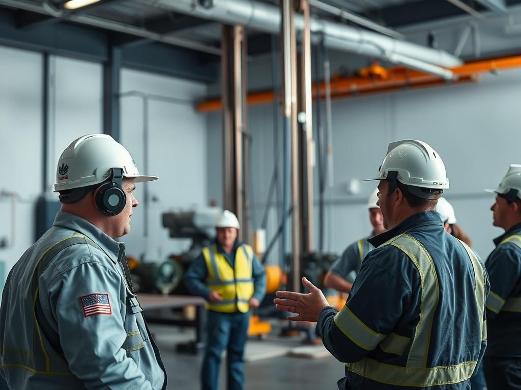 A realistic high-resolution photo of a well control training session in a cool-toned environment featuring shades of rich blues and soft grays. The image should show a focused instructor explaining well control techniques with participants engaged. The background should be a modern training facility with drilling equipment and safety gear visible, emphasizing professionalism and safety in the oil and gas industry.